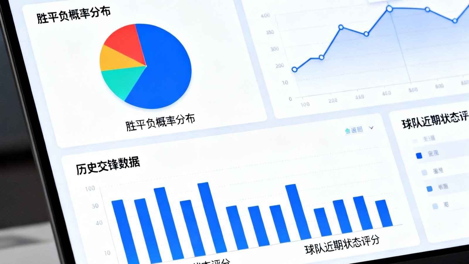 捷报比分AI智能预测模型的分析界面，屏幕以可视化图表展示胜平负概率分布、历史交锋数据和球队近期状态评分